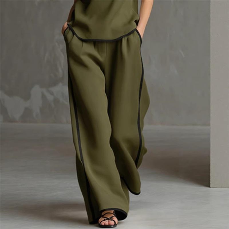 Damen 2-teiliges Leinen-Outfit Ärmellose V-Ausschnitt Knopfleiste Weste Kontrastbesatz Weite Hosen Lässiges Sommer-Set