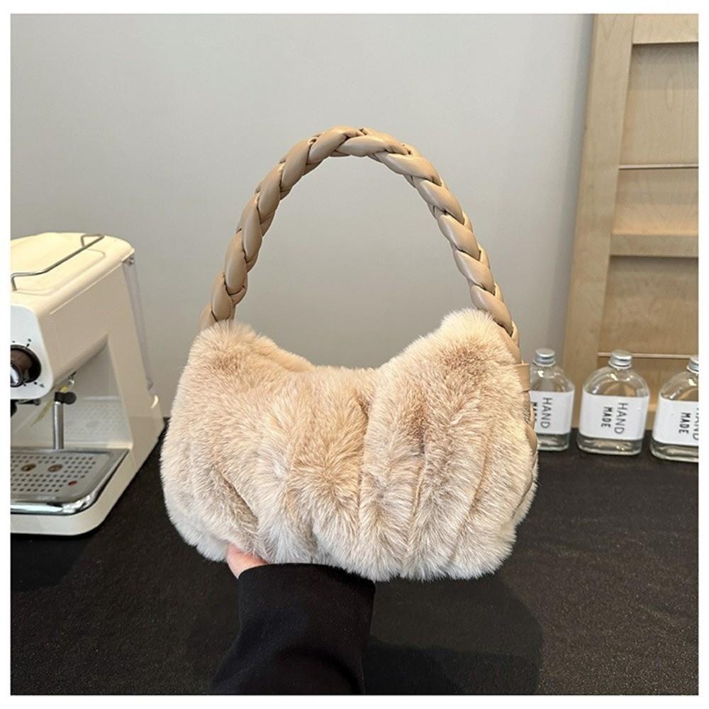 Luxury Furry Shoulder Bag Solid Color Soft Handbag Zipper Fluffy Clutch Bag