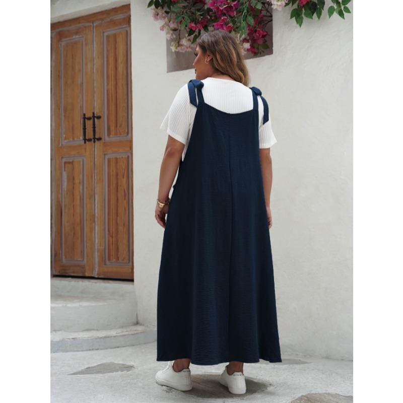 Frühling Sommer Große Größe Locker Lässig A-Linie Latzkleid Neu Damen Einfarbige Elegante Ärmellose Party Urlaubs Langes Kleid Einfache Mode Kleidung