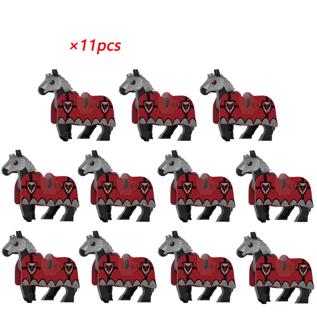 11 Stück Mittelalterliche Pferde Graue Körper Blaue Satteldecken Weiße Pferdeembleme Gelbe Verzierungen Baustein
