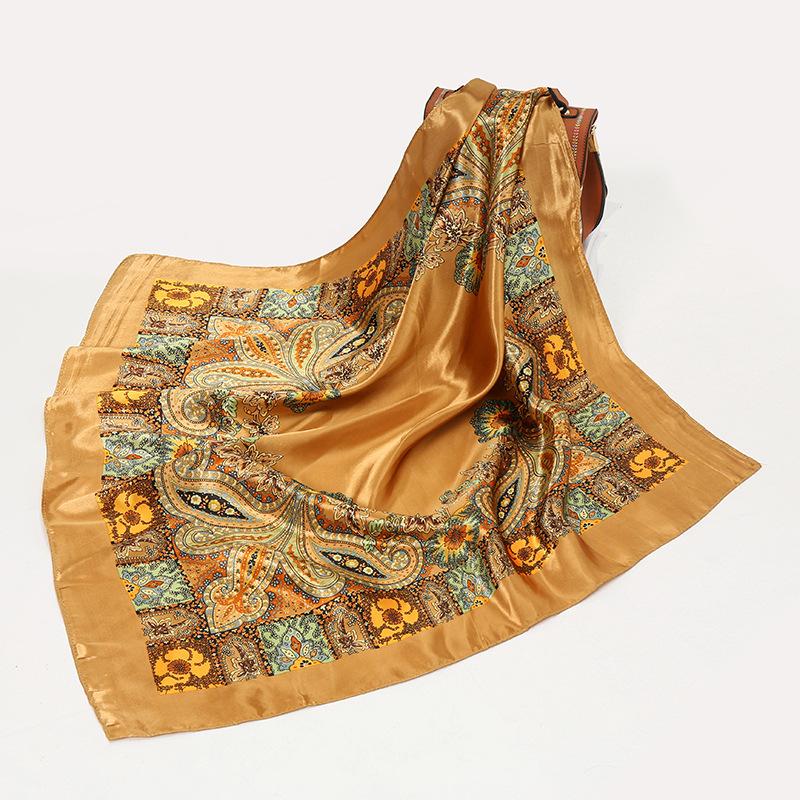 Dámska móda Square Vintage Print Saténový nákrčník Sun-proof šatka Šatky Šatka Vysoká kvalita 1PC 90*90cm