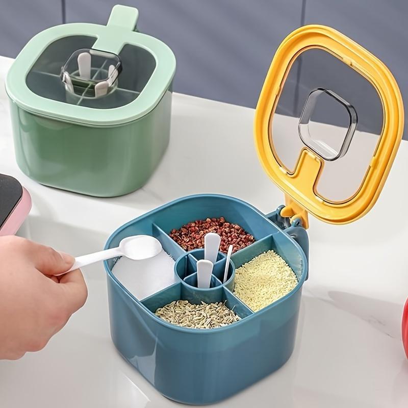 4-in-1 Round Plastic Seasoning Box Set with Integrated Spoons, Salt, Pepper & Spice Containers for Kitchen Countertop Organizer
