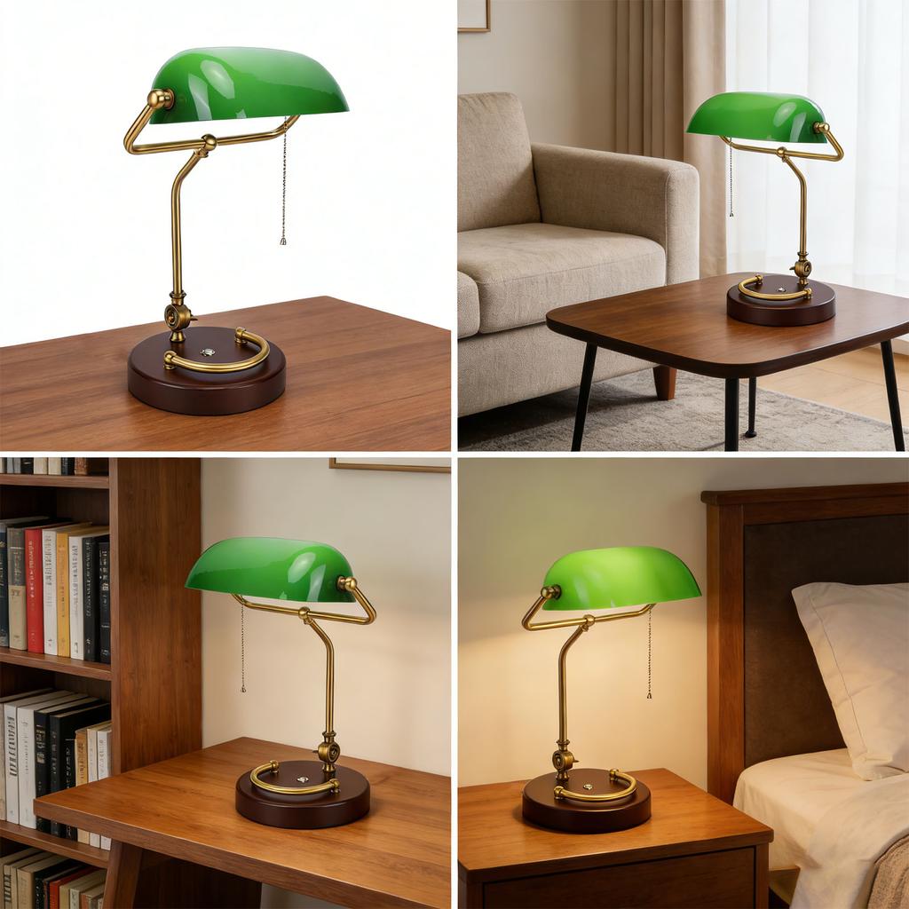 Vintage Schreibtischlampe 350 Grad drehbar Antike Tischlampe mit Zugschalter Holzsockel Glasschirm für Schlafzimmer Wohnzimmer