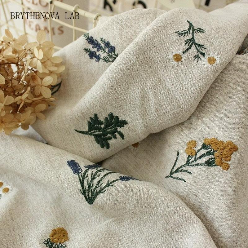 Lavender Embroidered Cotton Linen Fabric Pastoral Decoration Style Cloth Handmade Sewing
