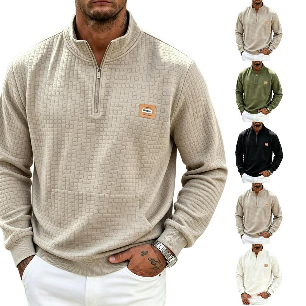 Men's Stand Collar Half Zip Sweatshirt, Fall Winter Thick Plaid Casual Jacket