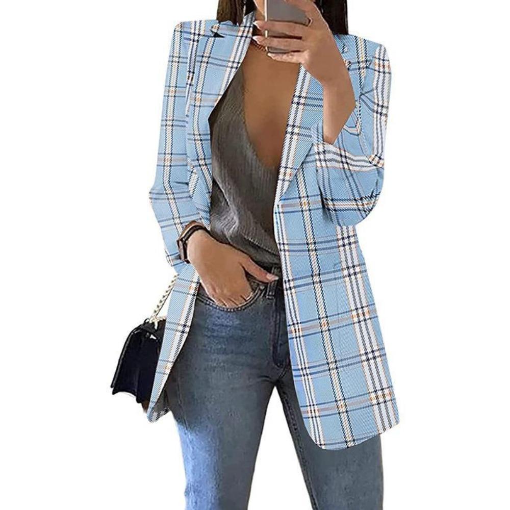 Women's Lapel Long Sleeve Plaid Print Slim Fit Blazer Elegant Commute Open Front Mid Length Suit Jacket For Spring Fall