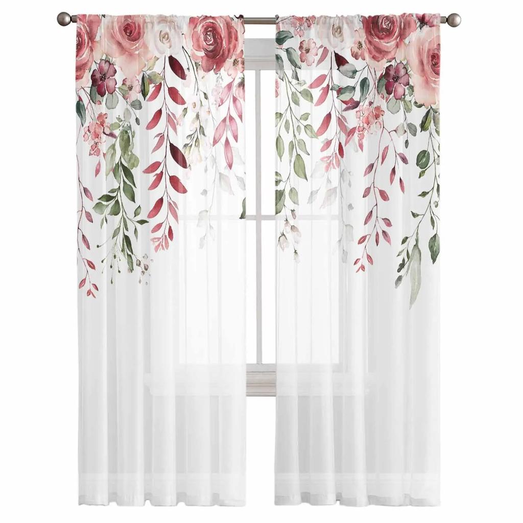 Rose Flower Leaves Sheer Curtains For Living Room Kitchen Window Curtains Bedroom Tulle Voile Curtains