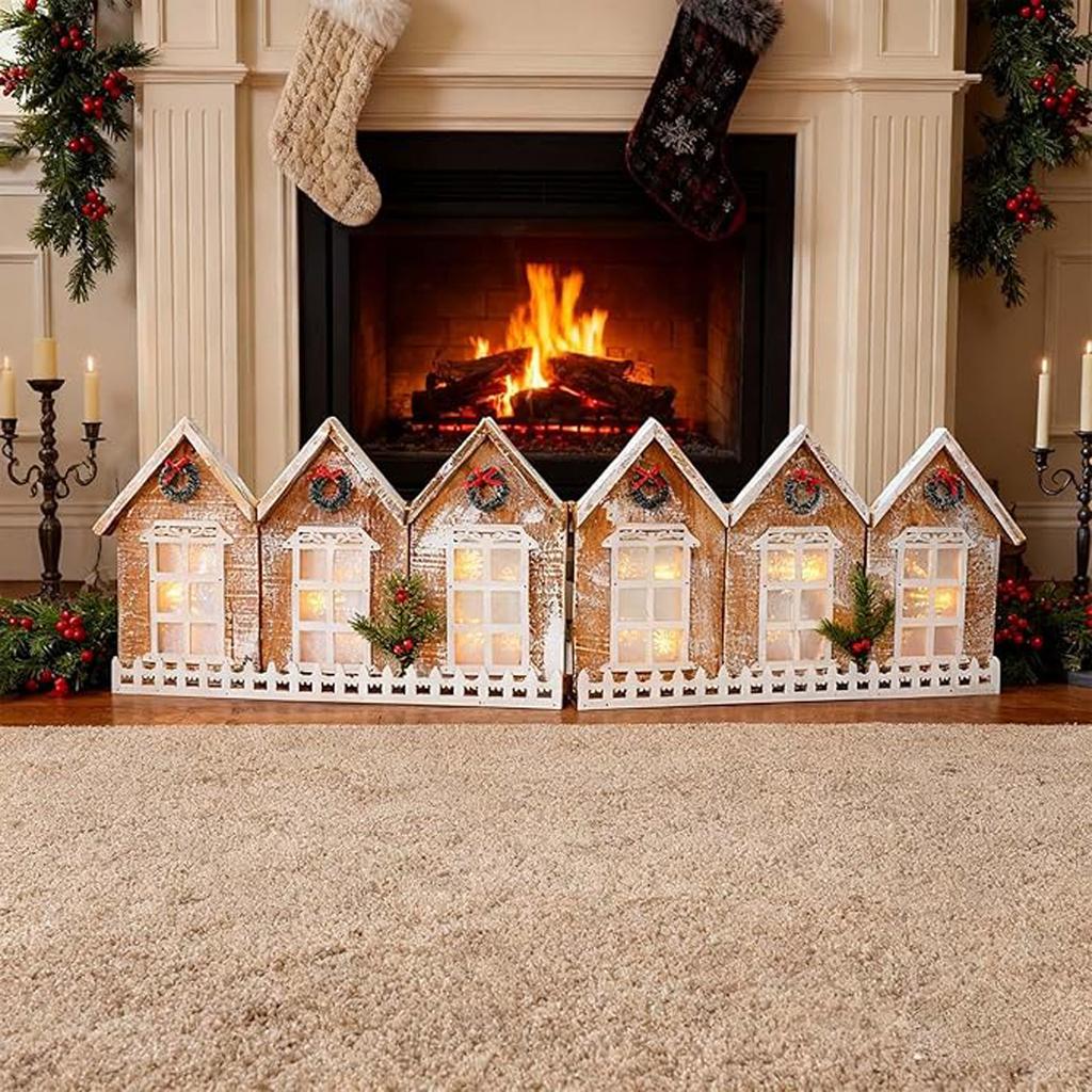 Vintage Luminous Foldable Snow View Wooden House Christmas Tree Fence Christmas Decoration Ornament