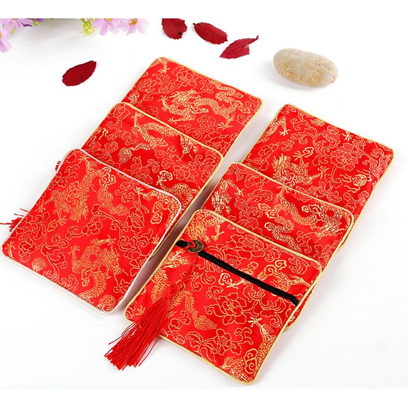 Chinese Brocade Jewelry Storage Bag Handmade Silk Embroidery Padded Small Zipper Tassel Jewelry Organizer Pouch Satin Gift Bag
