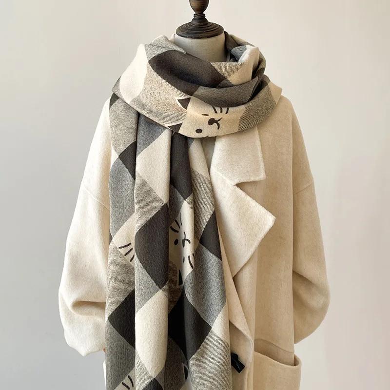 Luxury Cat Print Scarf For Women Warmer Winter Cashmere Pashmina Scarves Shawls Female Thick Blanket Wraps Foulard