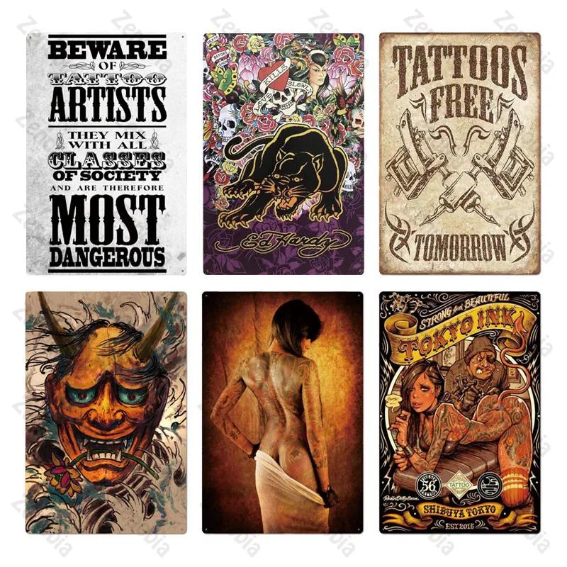 Affiche Métal Tatouage Plaque Métal Décor Boutique de Tatouage Plaque Décorative en Fer Décoration Murale Plaque en Étain Shabby Chic