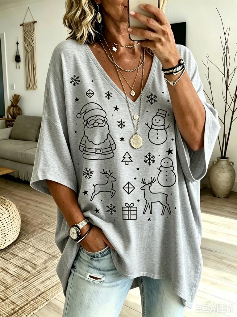 Women's Casual V-neck T-shirt, Oversized Half Sleeved Holiday Printed Top