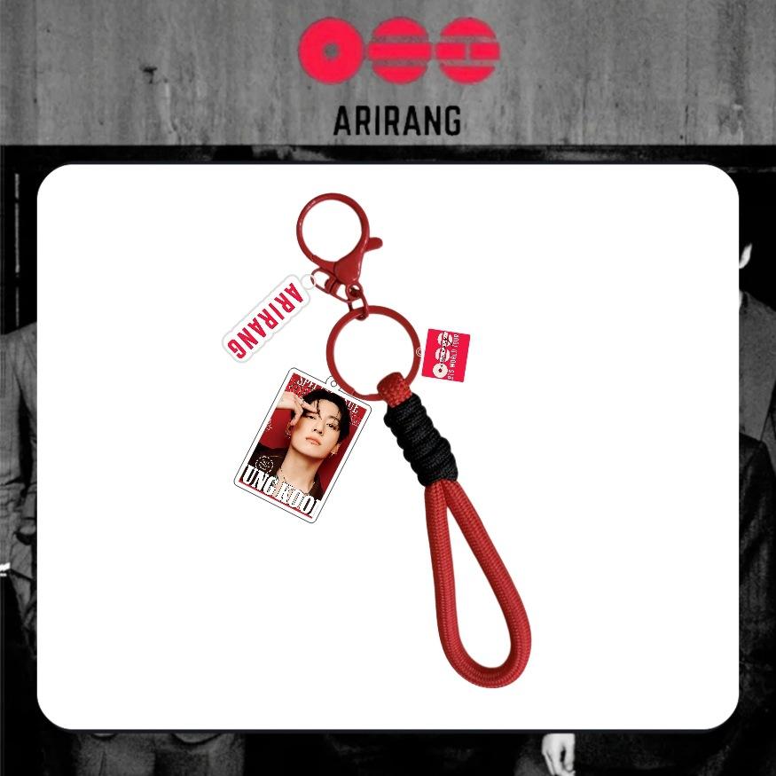 BTS Arirang Theme Acrylic Keychain, Bangtan Boys Photo Keyring with Red & Black Braided Rope & Tags, Kpop ARMY Fans Bag Charm