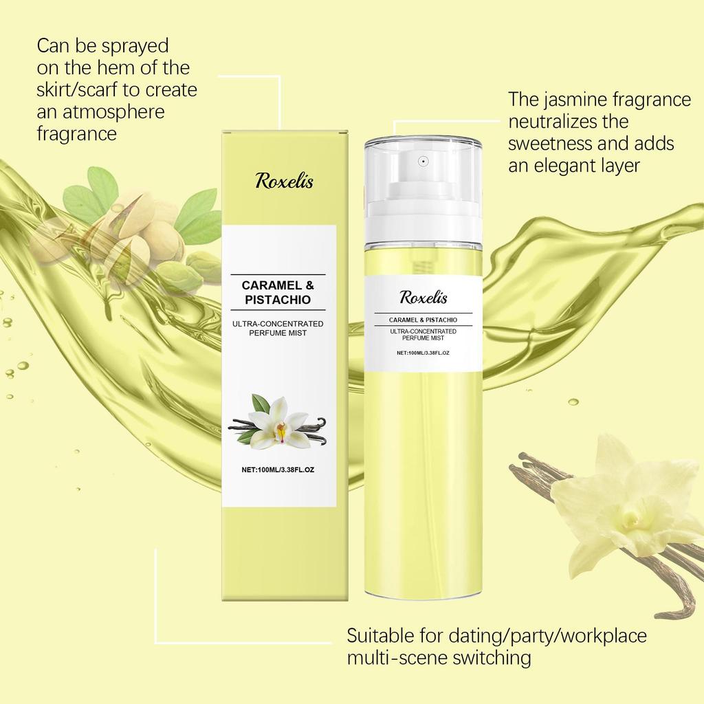 Roxelis Body Fragrance Caramel Pistachio Spray Sweet Warm Fragrance Note Long Lasting Fragrance Portable Set Unisex Ambiance