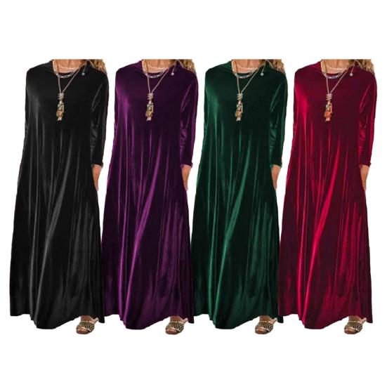 Damen Samtkleid Herbst Freizeit Rundhals Langarm Maxi Kleid Locker Hochzeitsgast Cocktail Abendkleid