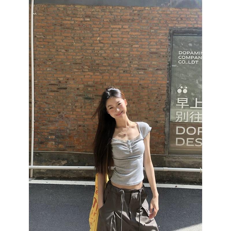 Summer new gray lace splicing short-sleeved T-shirt Korean simple design slim-fitting versatile top ins