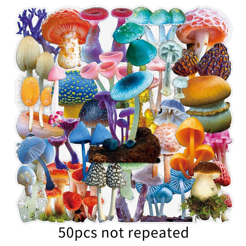 50PCS Waterproof Transparent Mushroom Stickers: Realistic, Colorful PET for DIY Journals and Thermos Cups