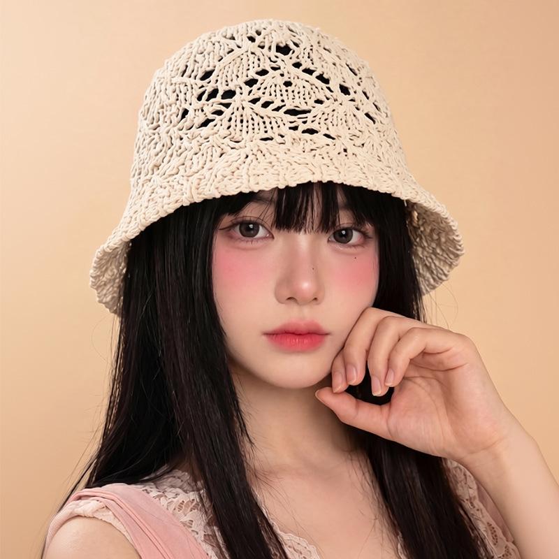 Women Hollow Floral Crochet Bucket Hat Breathable Openwork Wide Brim Sun Cap Lightweight Knit Fisherman Hat for Summer Daily Outdoor Travel Beach