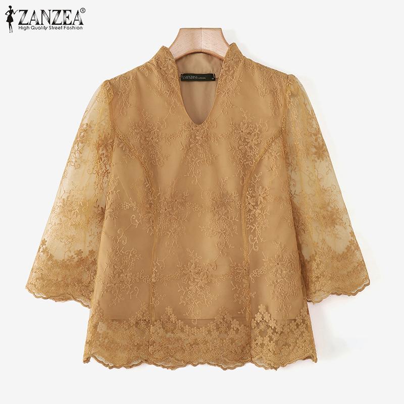 ZANZEA Women Summer V-Neck 3/4 Sleeve Lace Waist Blouses