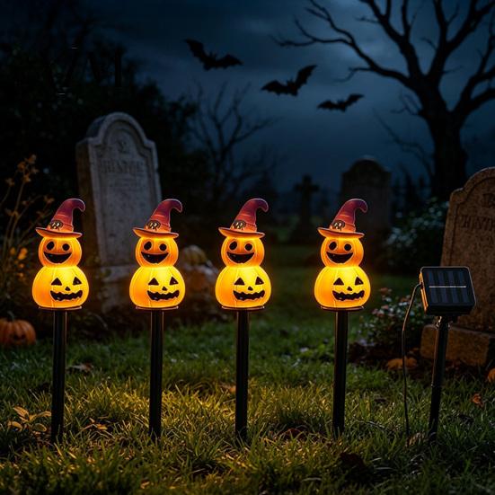 LED Pathway Lighting 4Pcs/Set Halloween Solar Ghost Stake Light, 4-in-1 Pumpkin with Powered Yard Stakes Lights, Waterproof Decorative