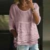 Damen T-Shirt Rundhalsausschnitt Halbe Ärmel Stickerei Blumenmuster Lockerer Saum T-Shirt Einfarbige Falten Design Sommer Oberteile