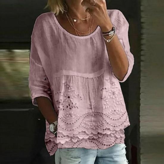 Damen T-Shirt Rundhalsausschnitt Halbe Ärmel Stickerei Blumenmuster Lockerer Saum T-Shirt Einfarbige Falten Design Sommer Oberteile
