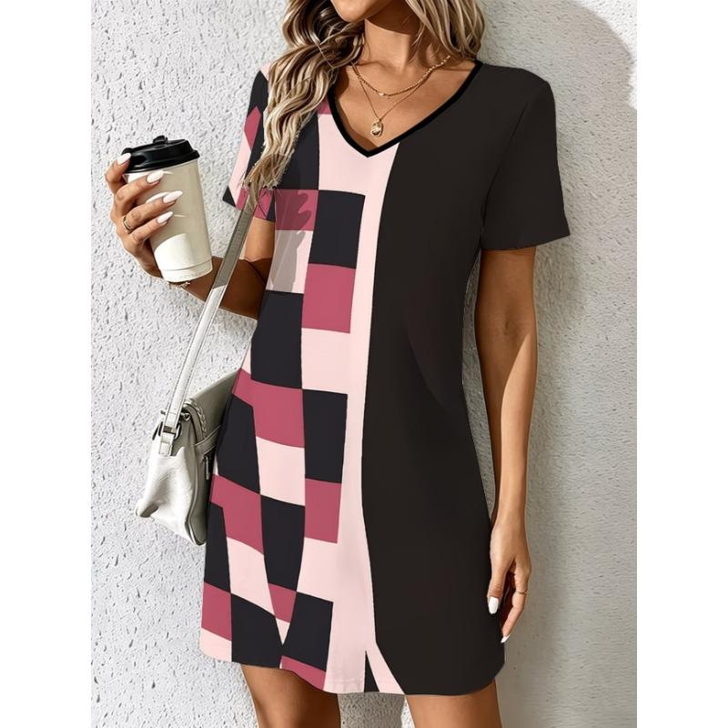 Ladies Summer V-Neck Short Sleeve Casual Dress Fashion Colorful Geometric Print Dress Elegant Women's Clothing