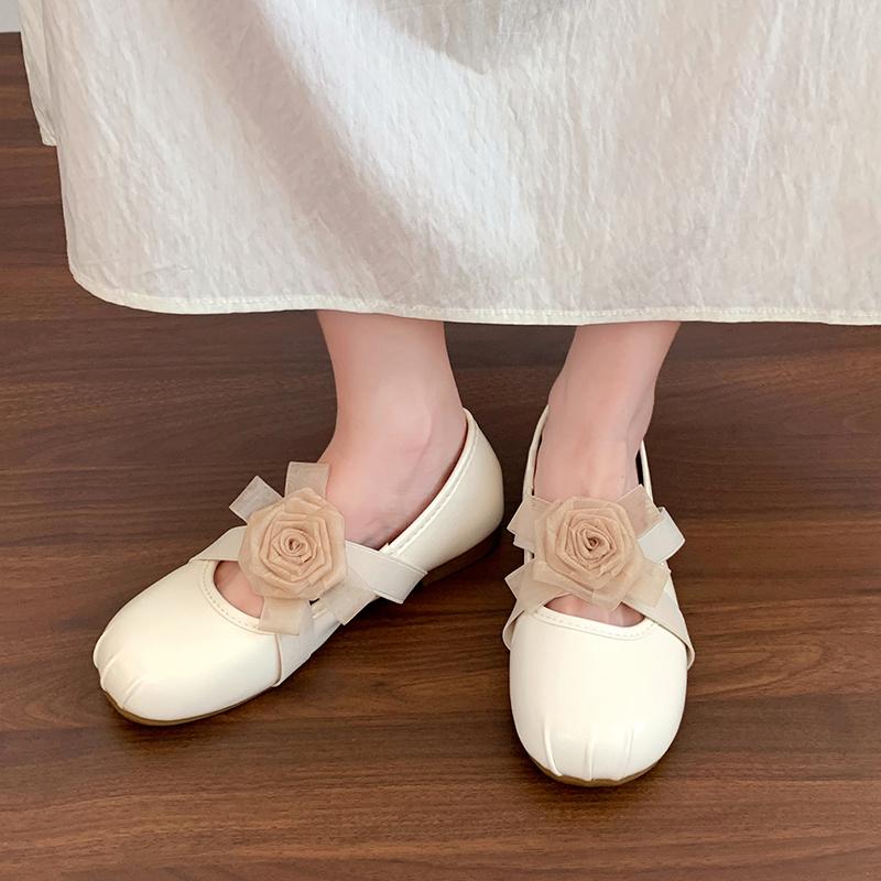 Fashion 2025  Women's Cow Leather Pleated Round Toe Slip-on Flats Sweet Flower Elastic Band Cross Strap Slip-on  Thick Low Heeled Shoes