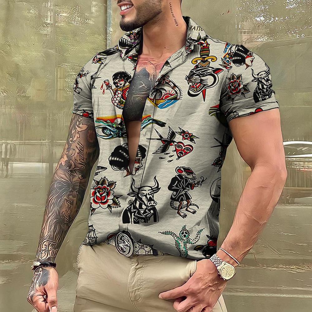 T-shirt con tatuaggio estivo Camicie hawaiane da uomo Marca Manica corta Top Magliette Camicetta casual da uomo Moda Camisas De Hombre Abbigliamento