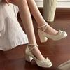 French Bow Thick Heel Leather Shoes Mary Jane Shoes Women's 2025 New Fairy Style High Heels Heightening Light Mouth Single Shoes