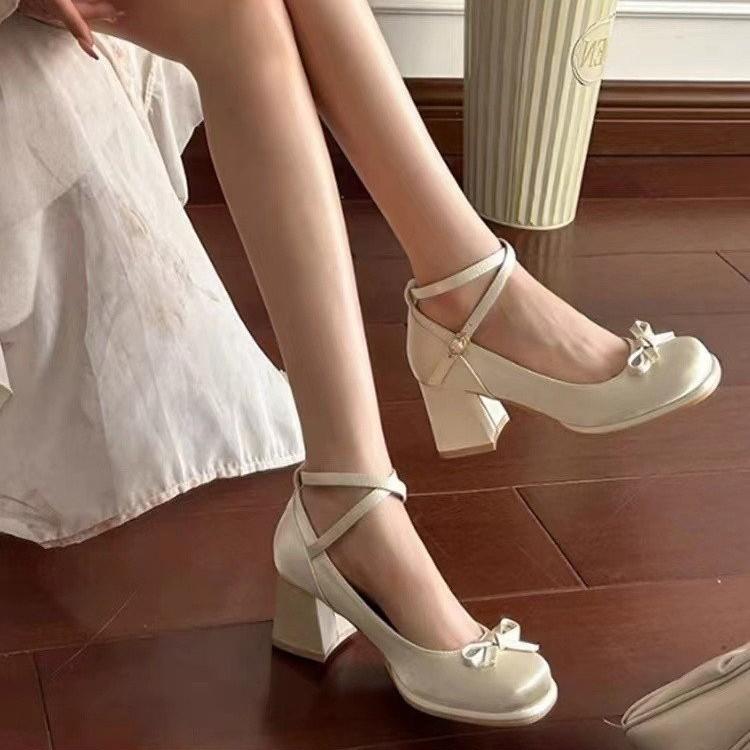 French bow thick heel leather shoes Mary Jane shoes women's 2025 new fairy style high heels heightening light mouth single shoes