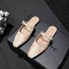 Fashion  Designer Printing Silk Slippers Women Square Toe Flat Heel Summer Shoes Ankle Strap Crystal Buckle Mules Woman Flip Flops