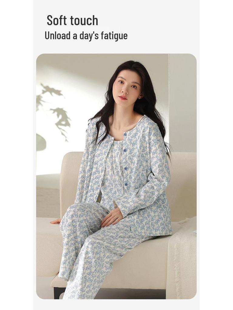 Women's Three-Piece Cotton Pajama Set: Spring Fashion, Printed, Comfortable, Breathable, with Chest Pads, Skin-Friendly.