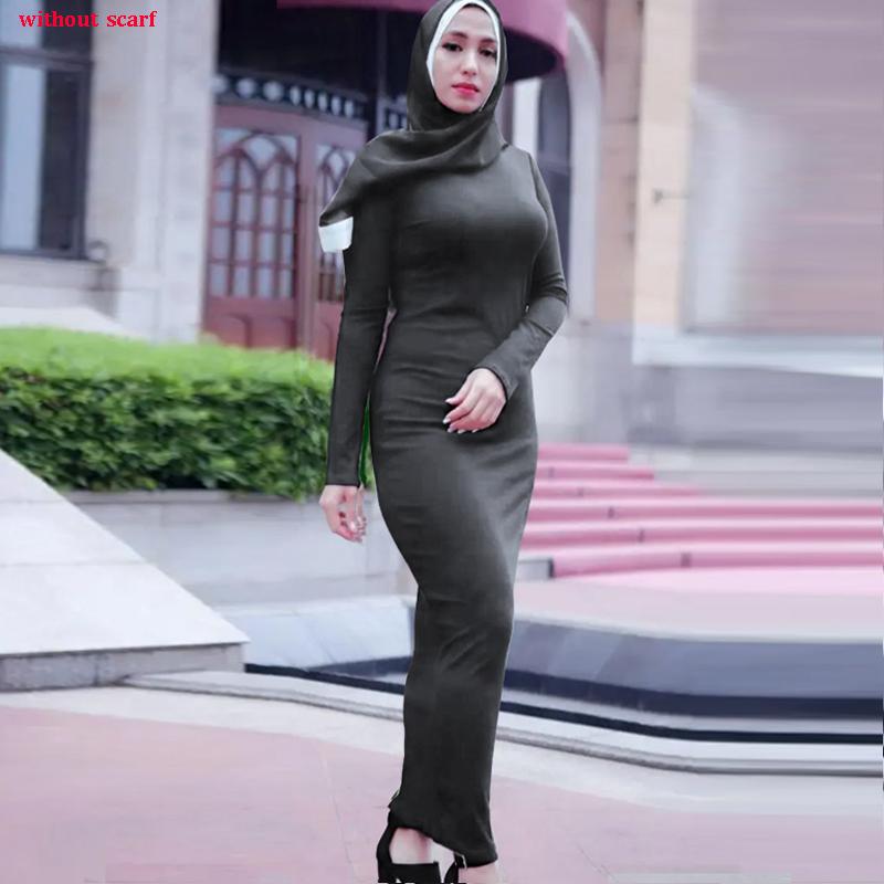 Abaya Muslim Women Stretch Maxi Dress Plain Robe Long Bodycon Dresses Ramadan O-Neck