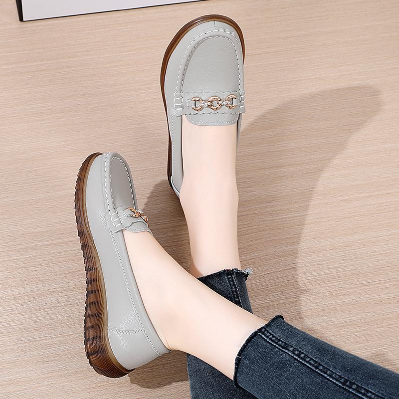 Genuine Leather Women's Non-Slip Loafers - Soft Sole, Comfortable Flats for Middle-Aged and Elderly