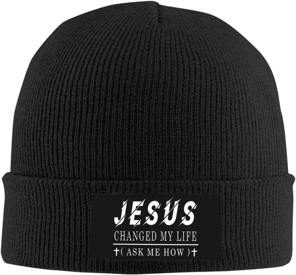 Black Knitted Beanie with Faith Over Fear  Cross Patch Religious Inspirational Winter Warm Skull Cap for Unisex Women