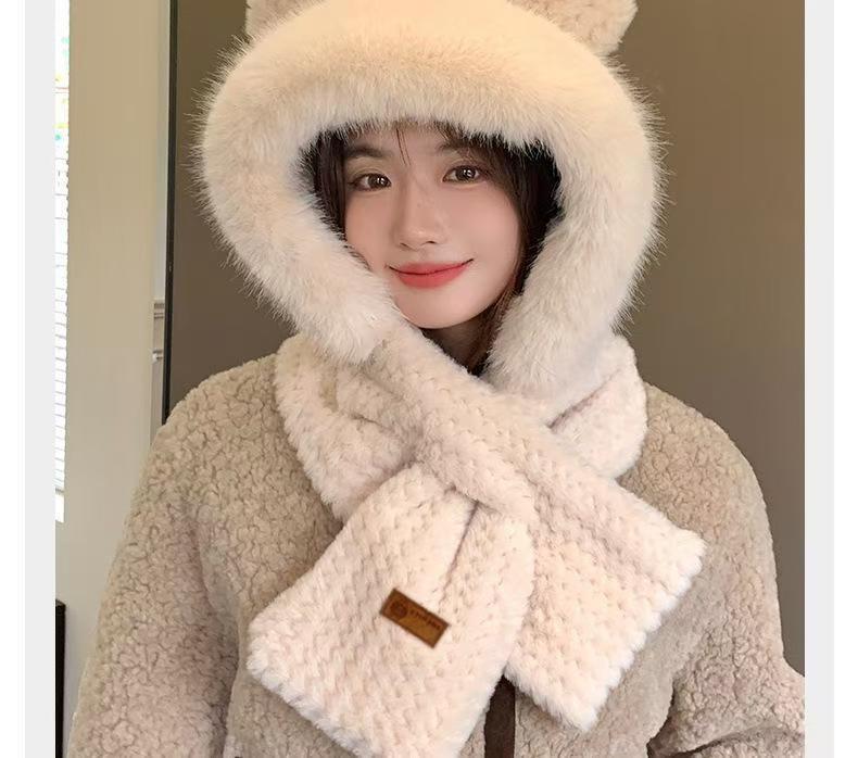 Winter New Cute Fluffy Integrated Hat Thickened Warm Cycling Plush Hat Two-piece Set Scarf Ear Protection Women's Hat