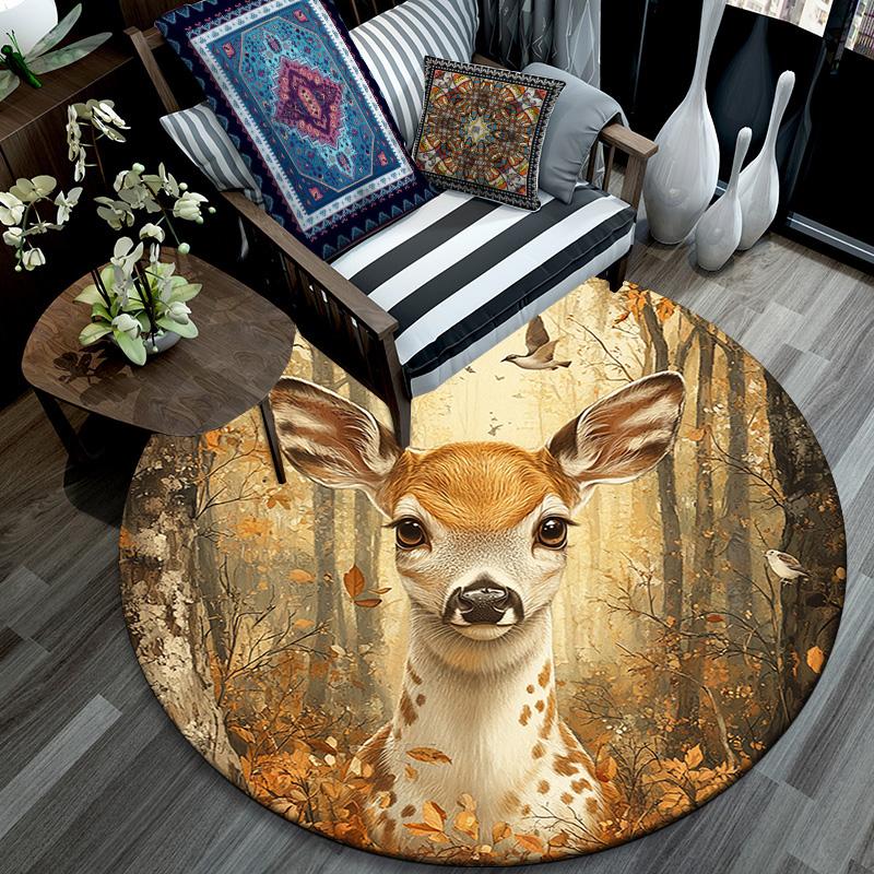 Autumn Forest Deer Round Area Rug,Carpet Rug for Living Room Bedroom Sofa Playroom Decor,Non-slip Floor Mat