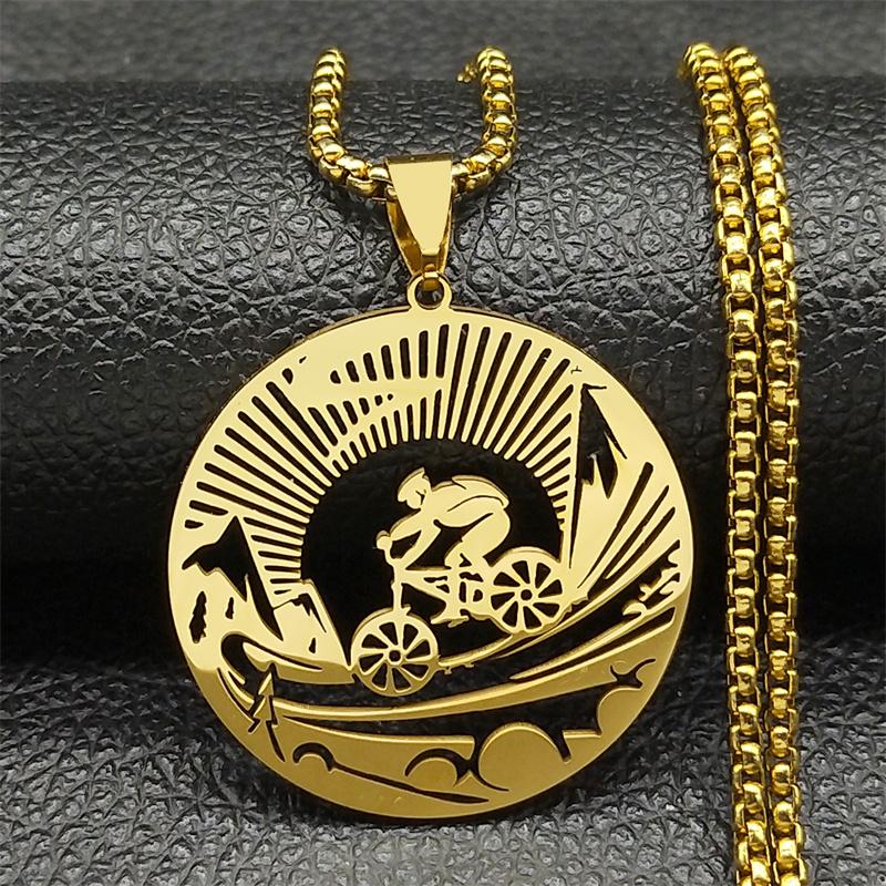 Cycling Man Road Pendant Necklace For Women Men Stainless Steel Gold Color Bicycle Sports Style Gap Travel Male Chain Jewelry