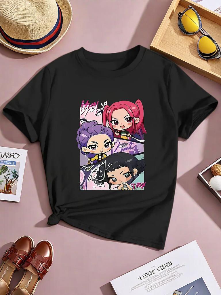 Summer Short Sleeve T-shirt 95% Cotton Round Neck Casual Playwear Top Random Cute Print Hearts Flowers Animals Soft Breathable