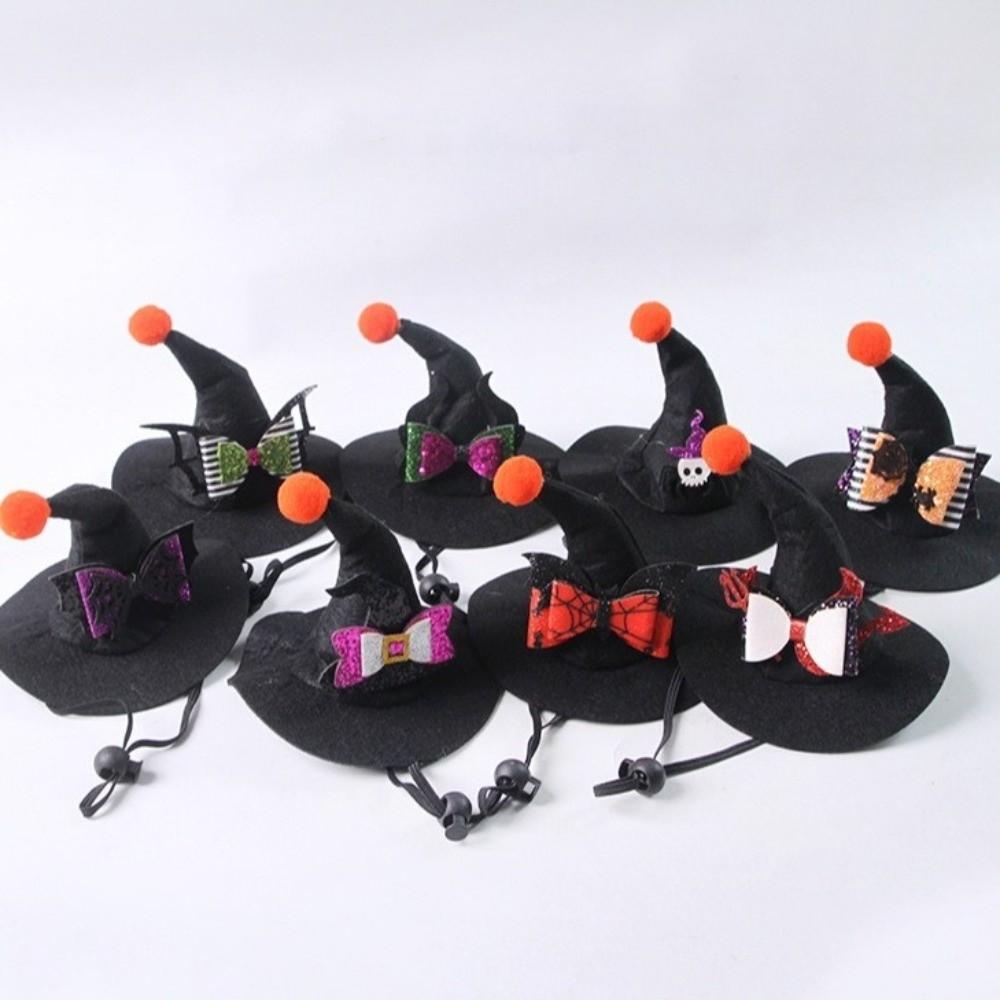 Adjustable Strap Cat Witch Costume Cap Pointed Brim Skeleton Spider Pet Hat Trick or Treat