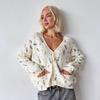 Women's Beige V Neck Knit Cardigan with Colorful Flower Embroidery and Front Pockets