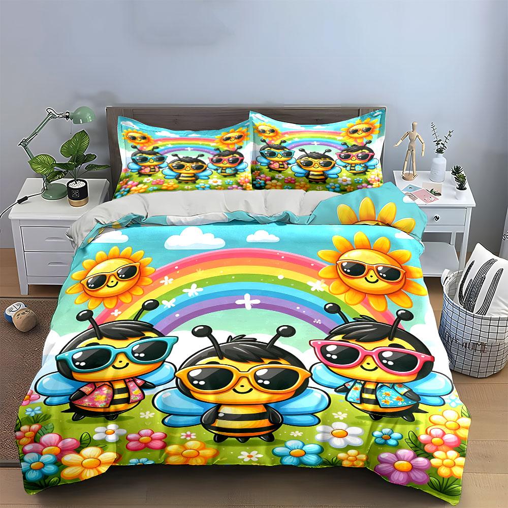 "Cheerful bees with rainbows" Bedding sets Duvet covers Pillowcases(1* Duvet Cover 2* Pillowcases without duvet insert)