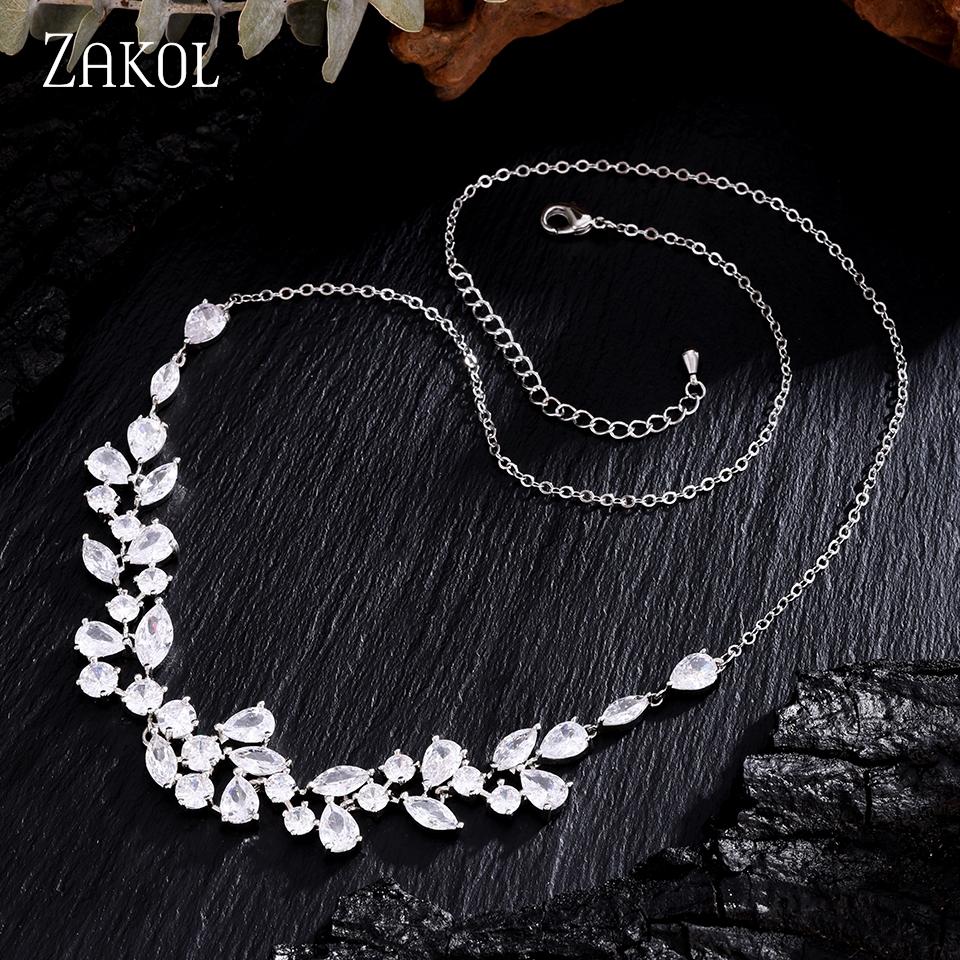 ZAKOL Exquisite Fashion Leaf Shape Micro-set Zircon Pendant Necklace For Women Simple Temperament Bridal Wedding Party Jewelry