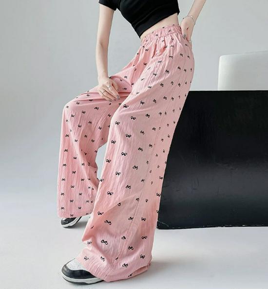 Summer Women s High-Waisted Printed Wide-Leg Ice Silk Pants M (40-50 kg)