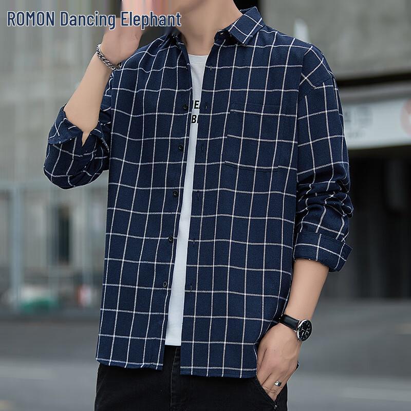 ROMON Men's Loose Fit Plaid Long Sleeve Shirt