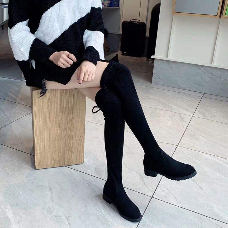 2025 autumn and winter new over-the-knee boots women's flat-bottomed thin high boots velvet boots women's large-size women's elastic boots