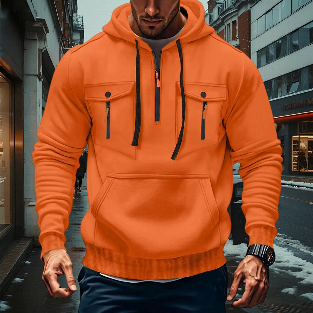 Men's Military Cargo Hoodies, Casual Quarter Zipper Pullover Tops With Multi Pockets