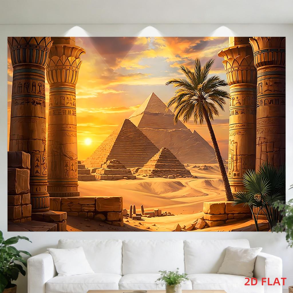 2D Plane, 1 Large Wall Hanging of Egyptian Desert Scenery - Ancient Pyramids, Palm Trees and Egyptian Columns, Party Decoration