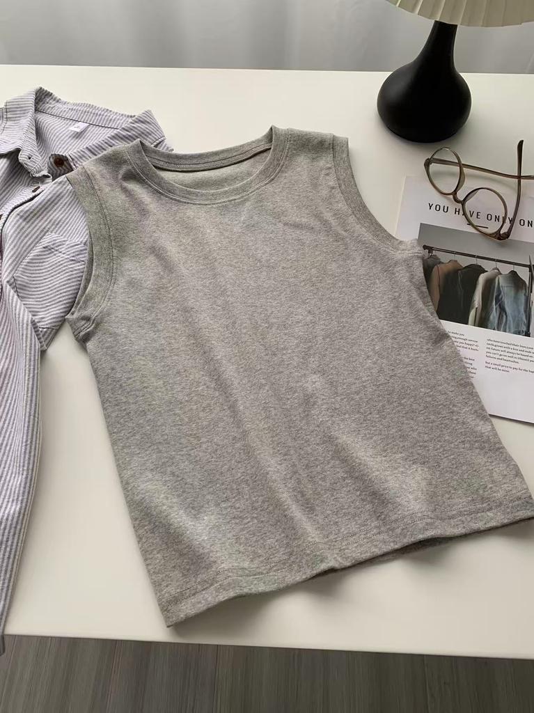 Spring Dopamine Color Crew Neck Cotton Vest Women's Basic Skinny Versatile Flesh Cover Wide Shoulder Sleeveless T-Shirt